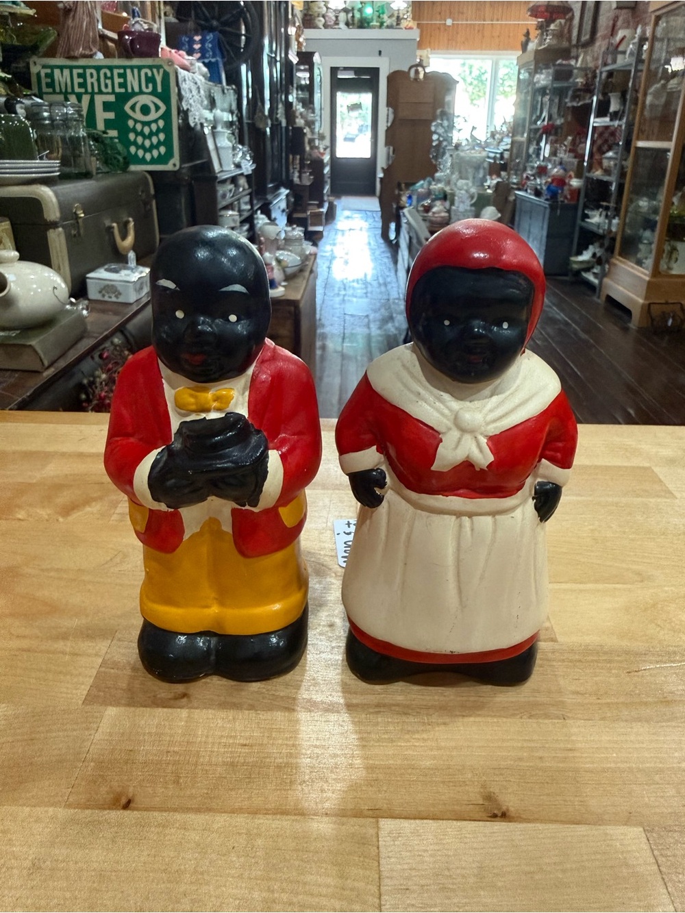 Vintage Black Ceramic Coin Banks Man snf Woman - Red, Yellow, White